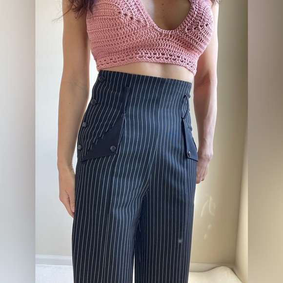 High waisted black pinstripes wide leg trouser pants - XS - Picture 5 of 8